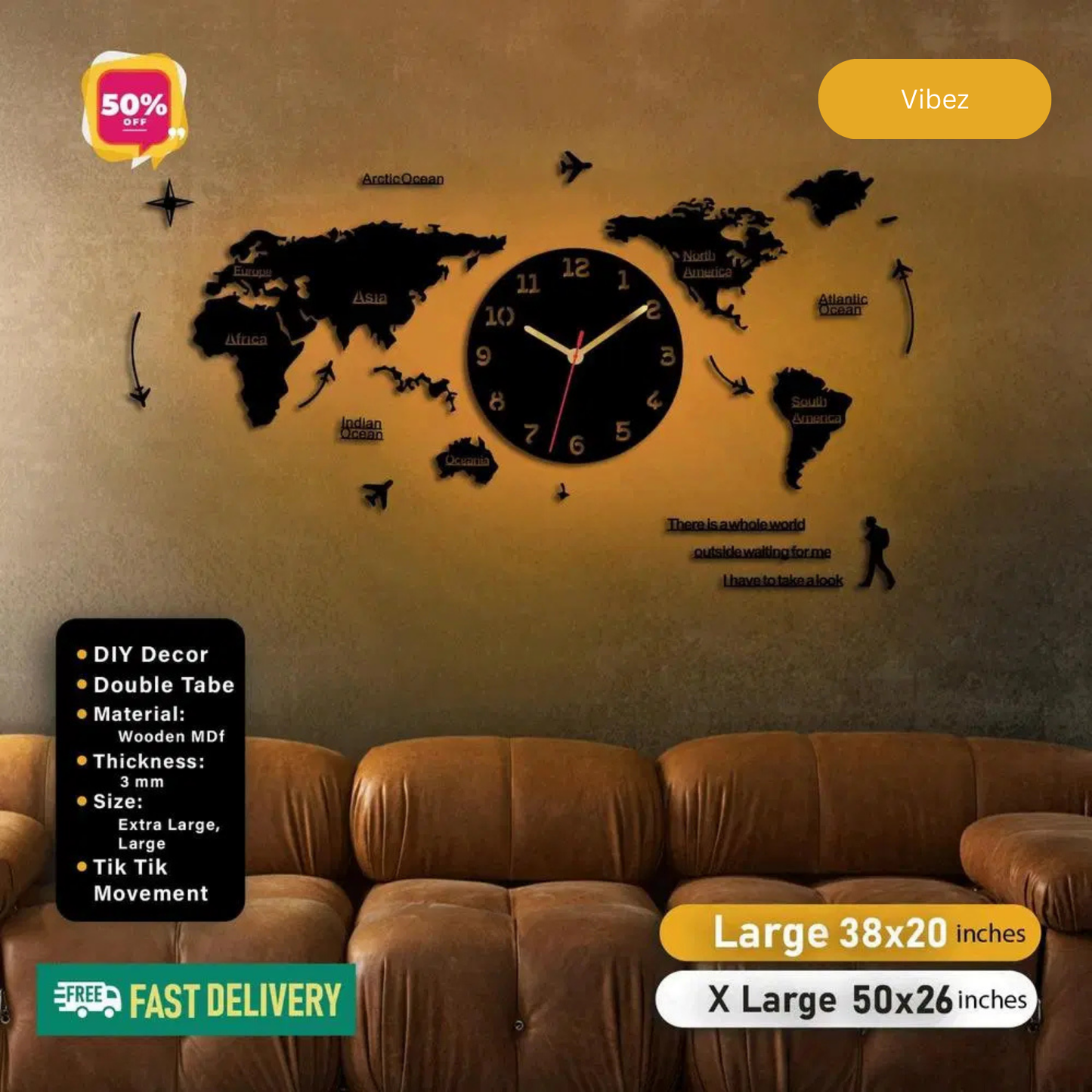 World Map Wooden Wall Clock