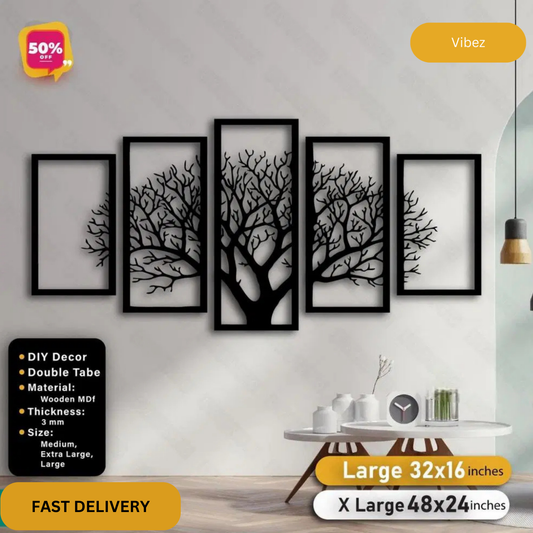 5 Frame Leaf Black Wooden Wall Decor Panel
