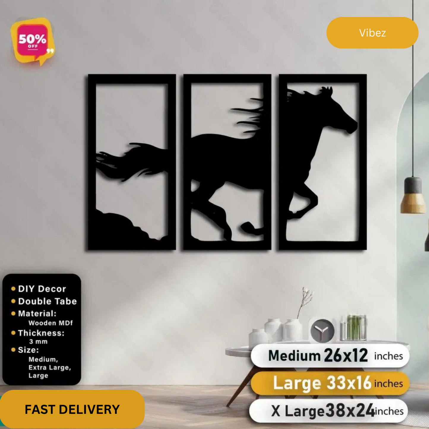 3 Frame Horse Design Wall Decor Panel